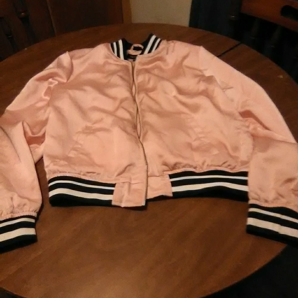 Pink silky jacket with black & white strips